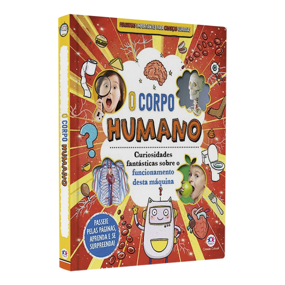Livro O Corpo Humano, capa colorida com ilustrações de partes do corpo e perguntas. — Plenitude