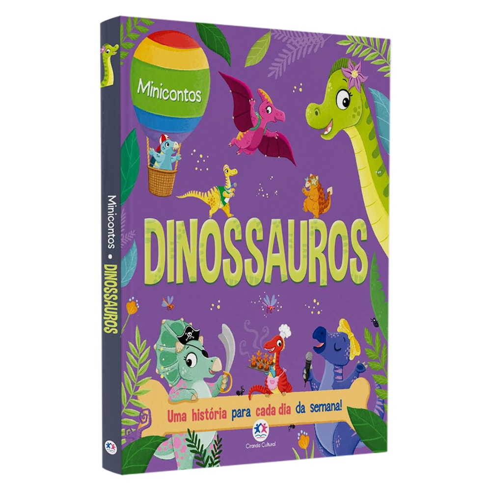 Livro infantil "Dinossauros | Minicontos" da Ciranda Cultural, capa roxa com dinossauros coloridos. — Plenitude