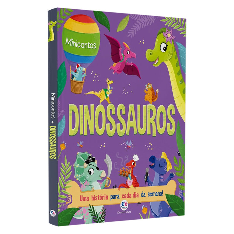 Livro infantil "Dinossauros | Minicontos" da Ciranda Cultural, capa roxa com dinossauros coloridos. — Plenitude