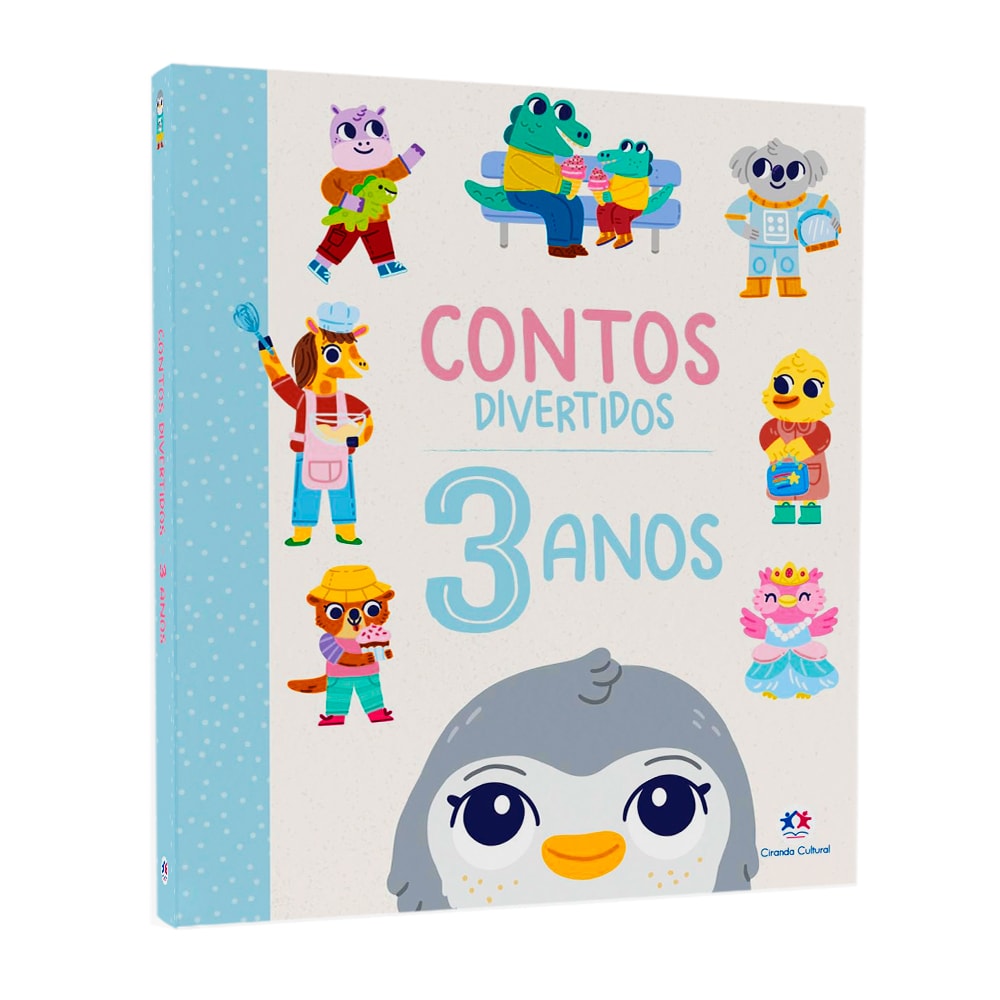 Livro infantil "Contos Divertidos | 3 Anos" da Ciranda Cultural, capa branca com pinguim e animais. — Plenitude