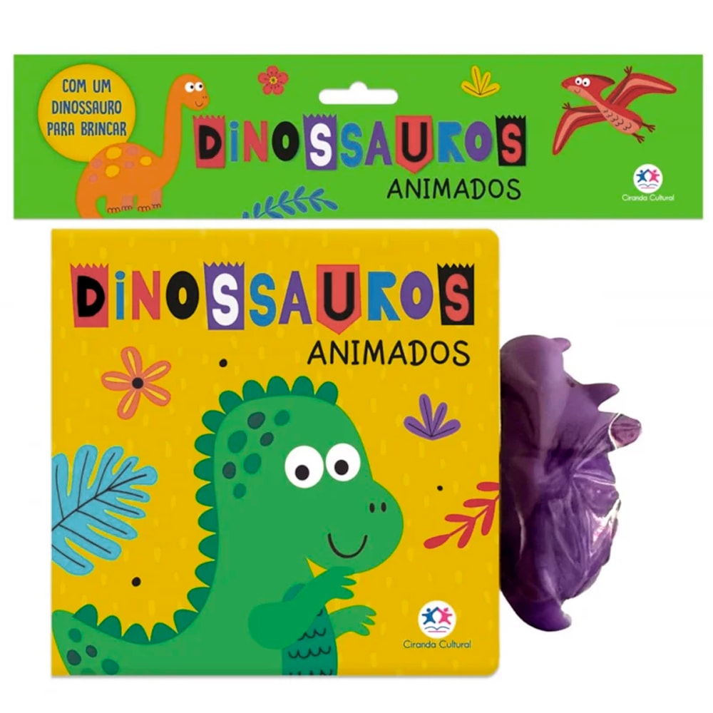 Livro de banho Dinossauros Animados, capa amarela com dinossauro verde e um dinossauro roxo de brinquedo. — Plenitude