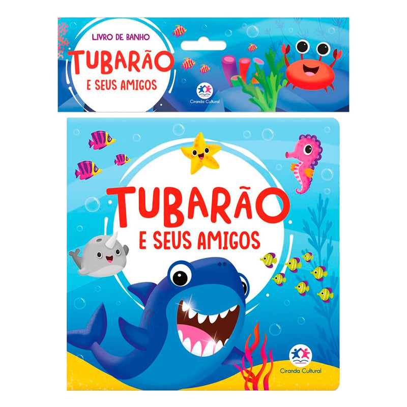 Livro de banho Tubarão e Seus Amigos, capa azul com tubarão sorridente e outros animais marinhos. — Plenitude