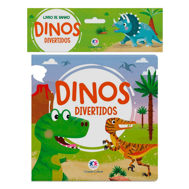 Livro de banho Dinos Divertidos, capa verde com ilustrações de dinossauros e vulcão. — Plenitude