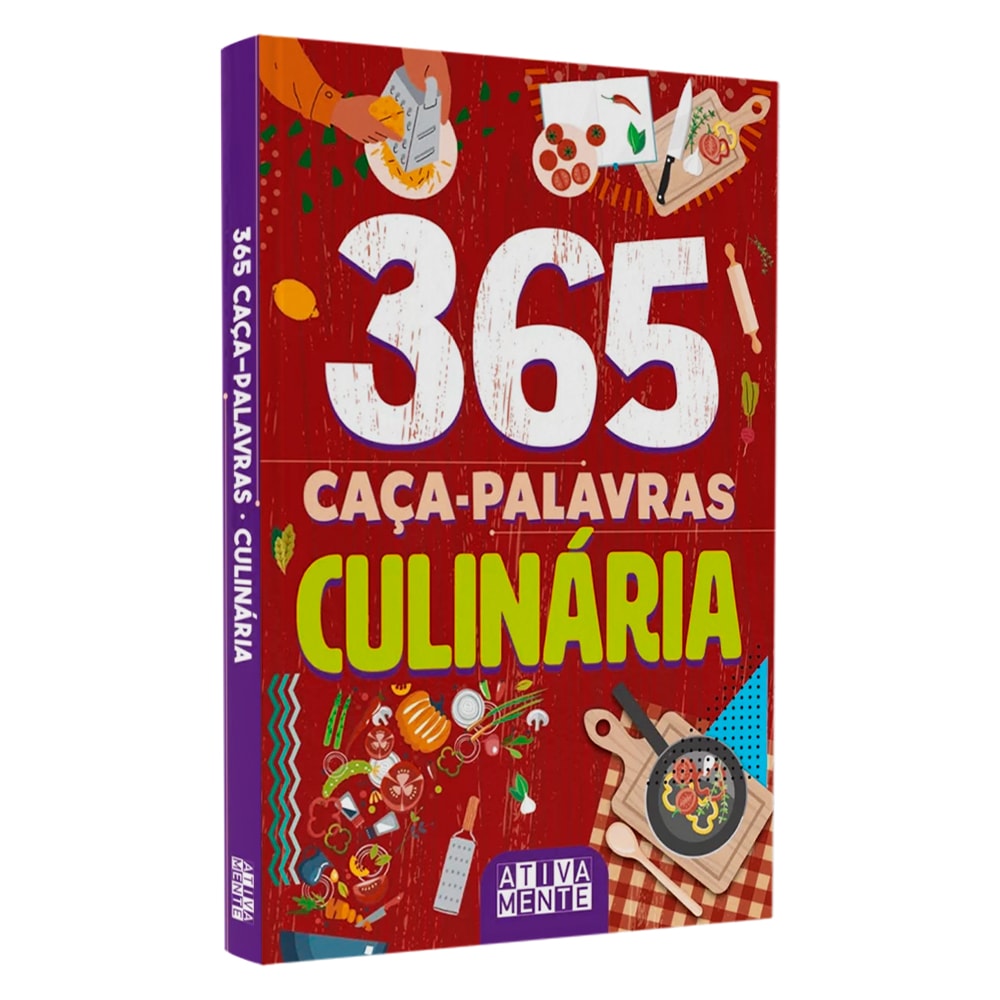 Livro 365 Caça-palavras Culinária, capa vermelha com ilustrações de utensílios de cozinha e alimentos. — Plenitude