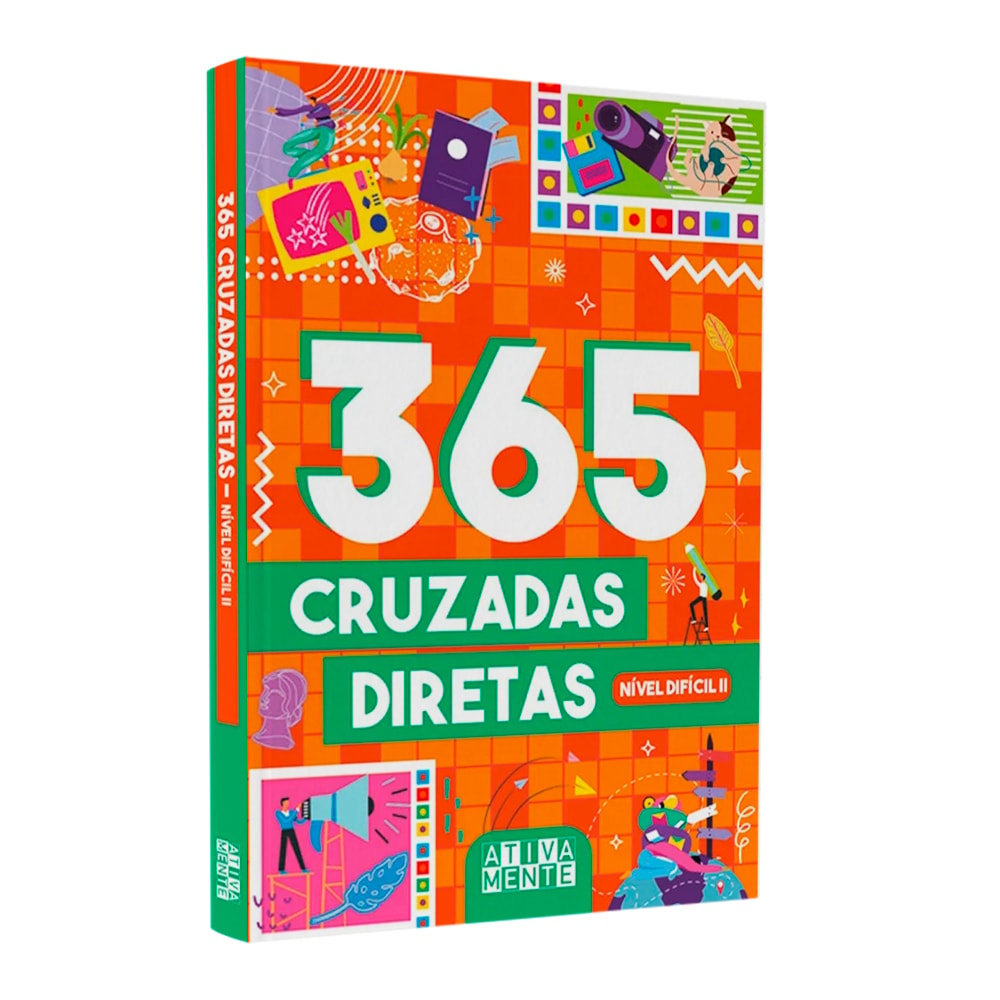 Livro 365 Cruzadas Diretas Nível Difícil II, capa laranja e verde com ilustrações geométricas e palavras cruzadas. — Plenitude