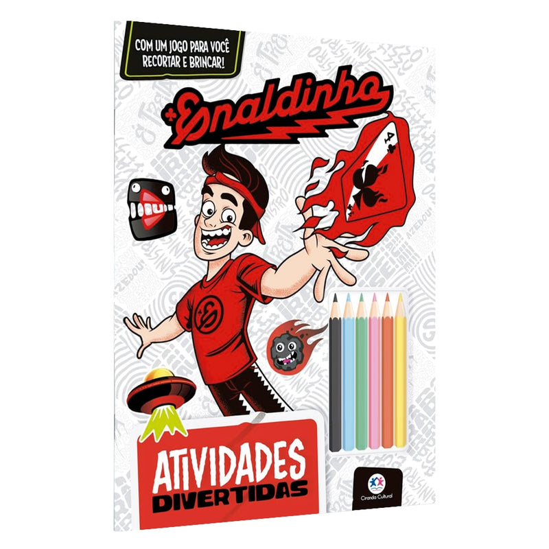 Livro de atividades Enaldinho Atividades Divertidas, capa branca com ilustrações do personagem Enaldinho e lápis de cor. — Plenitude