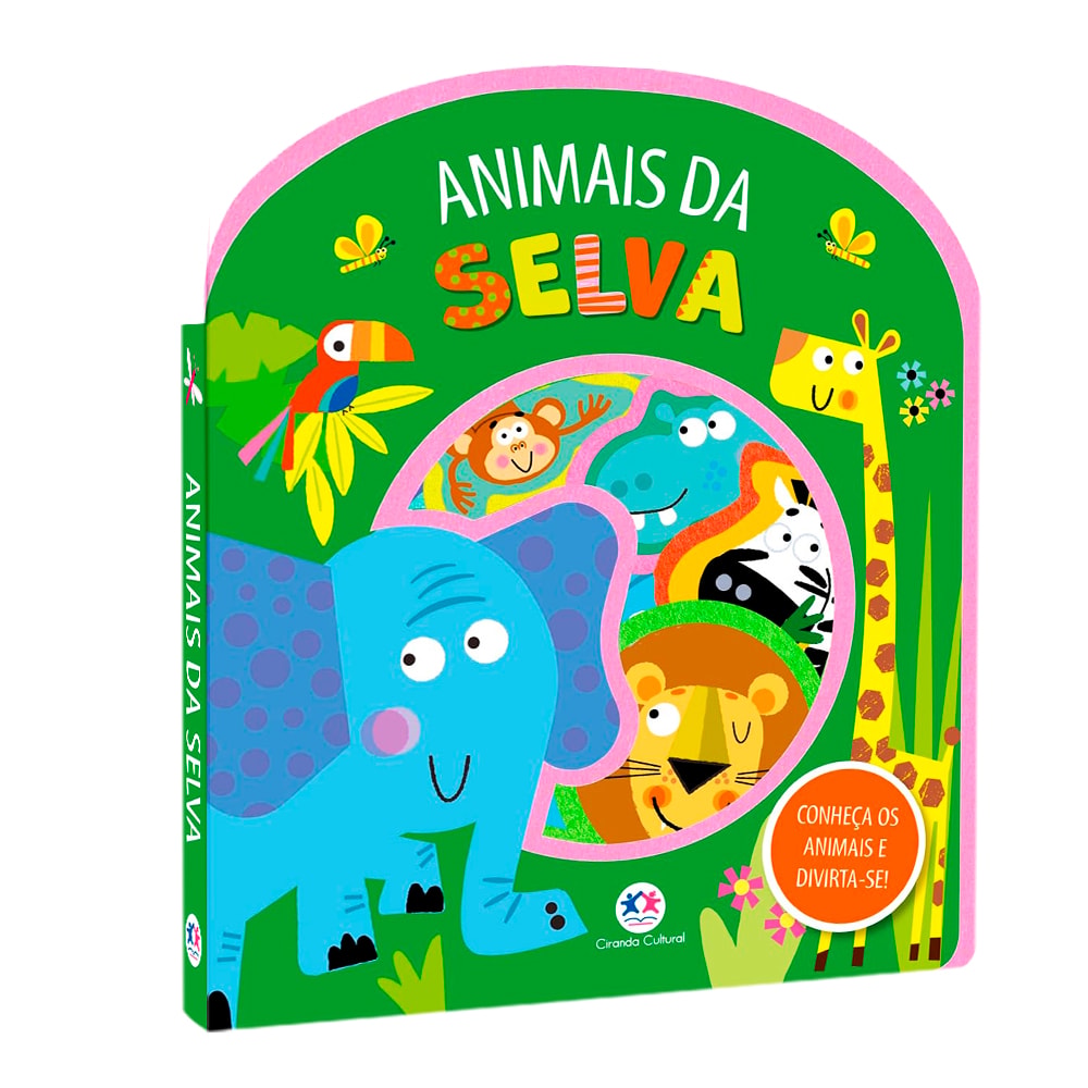Livro Animais da Selva, capa verde com elefante azul e outros animais da selva. — Plenitude