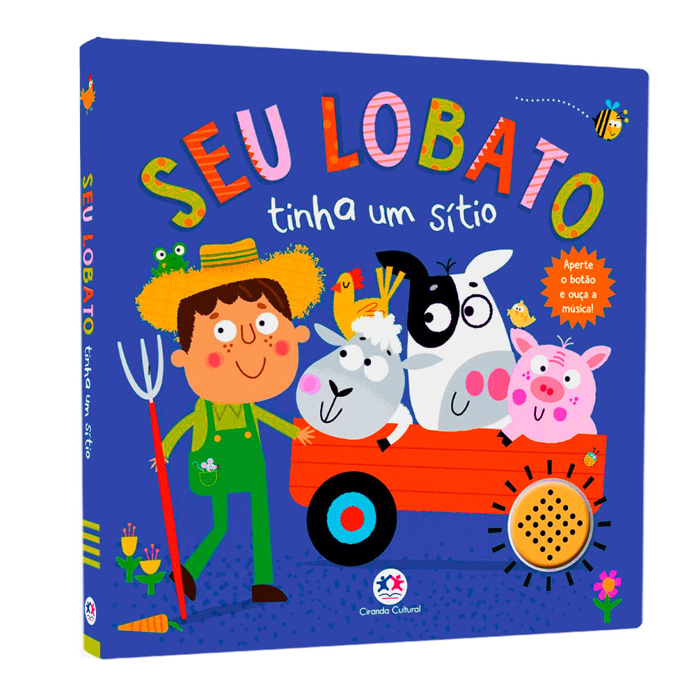 Livro sonoro Seu Lobato Tinha Um Sítio, capa azul com fazendeiro e animais da fazenda. — Plenitude