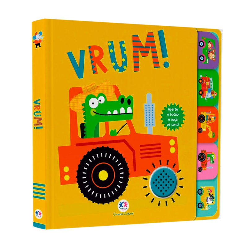 Livro sonoro Vrum!, capa amarela com crocodilo em um carro e abas laterais coloridas. — Plenitude
