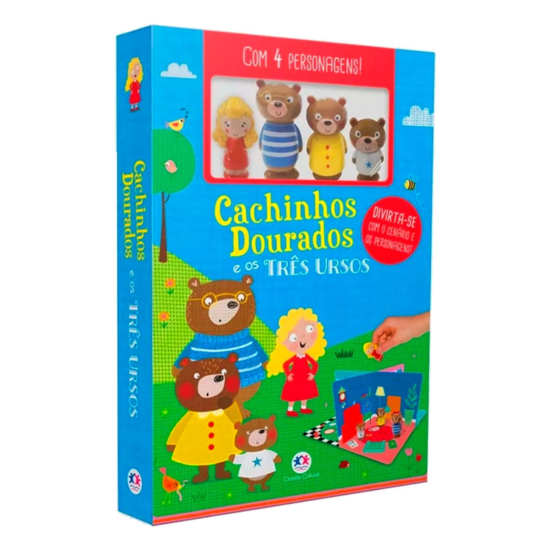 Livro com cenário Cachinhos Dourados e os Três Ursos, capa dura azul e verde com ilustrações dos personagens e 4 bonecos — Plenitude