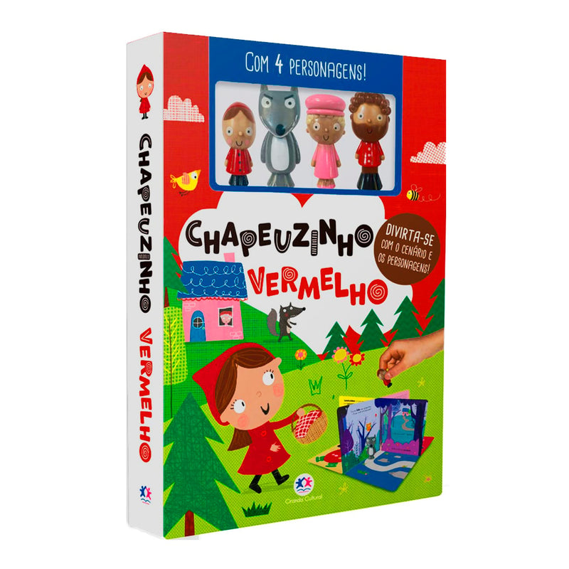 Livro com cenário Chapeuzinho Vermelho, capa vermelha com personagens e cenário destacáveis. — Plenitude
