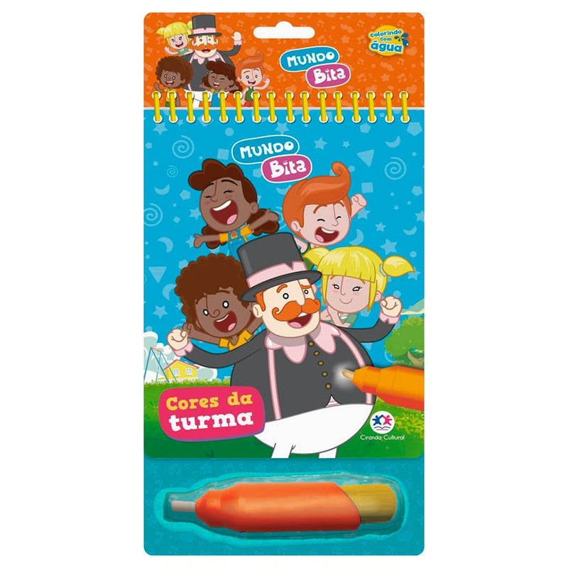 Livro Mundo Bita Colorindo Com Água, capa azul com personagens do Mundo Bita e uma caneta laranja para colorir. — Plenitude