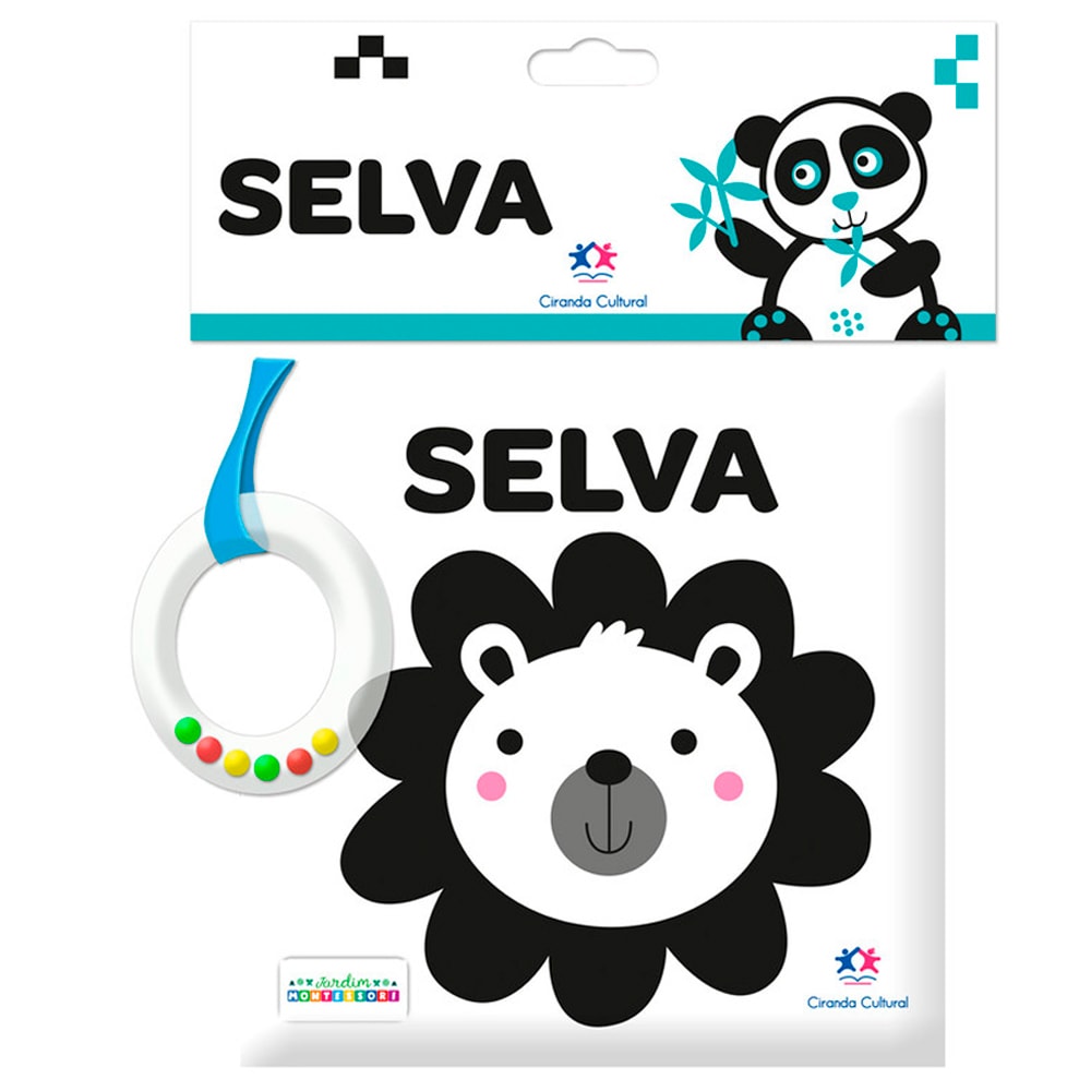 Livro de pano Selva, com chocalho, em capa branca e preta com ilustração de leão, embalado com panda — Plenitude