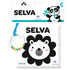 Livro de pano Selva, com chocalho, em capa branca e preta com ilustração de leão, embalado com panda — Plenitude