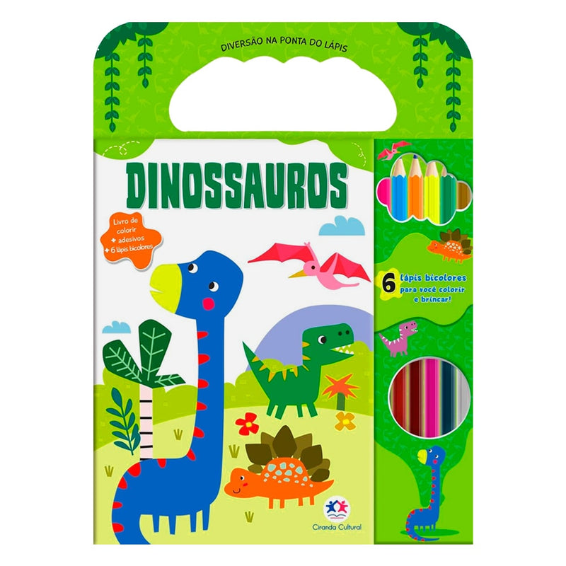 Livro de colorir Diversão na Ponta do Lápis Dinossauros, capa verde com dinossauros e lápis de cor. — Plenitude