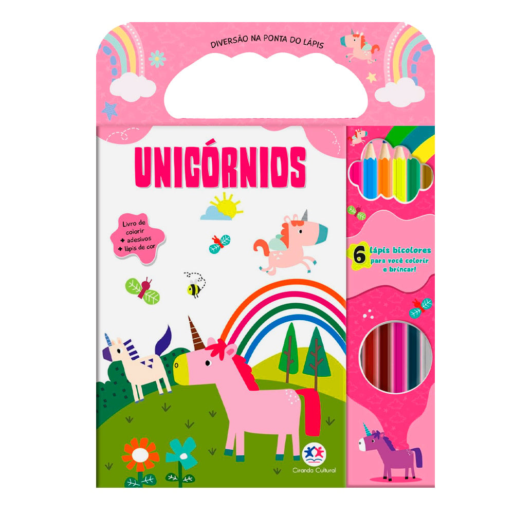 Kit de colorir Diversão na Ponta do Lápis, tema Unicórnios, com livro, adesivos e 6 lápis bicolores, em embalagem rosa e branca — Plenitude