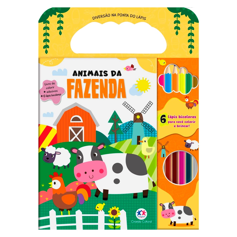 Kit de colorir Diversão na Ponta do Lápis, tema Animais da Fazenda, com livro, adesivos e 6 lápis bicolores, em embalagem amarela e verde — Plenitude