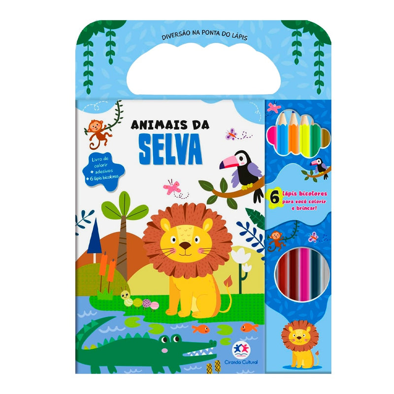 Livro de colorir Diversão na Ponta do Lápis Animais da Selva, capa azul com leão, crocodilo e outros animais. — Plenitude