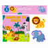 Livro de banho Animais da Selva, capa rosa com tigre, zebra e macaco, acompanhado de dois brinquedos. — Plenitude