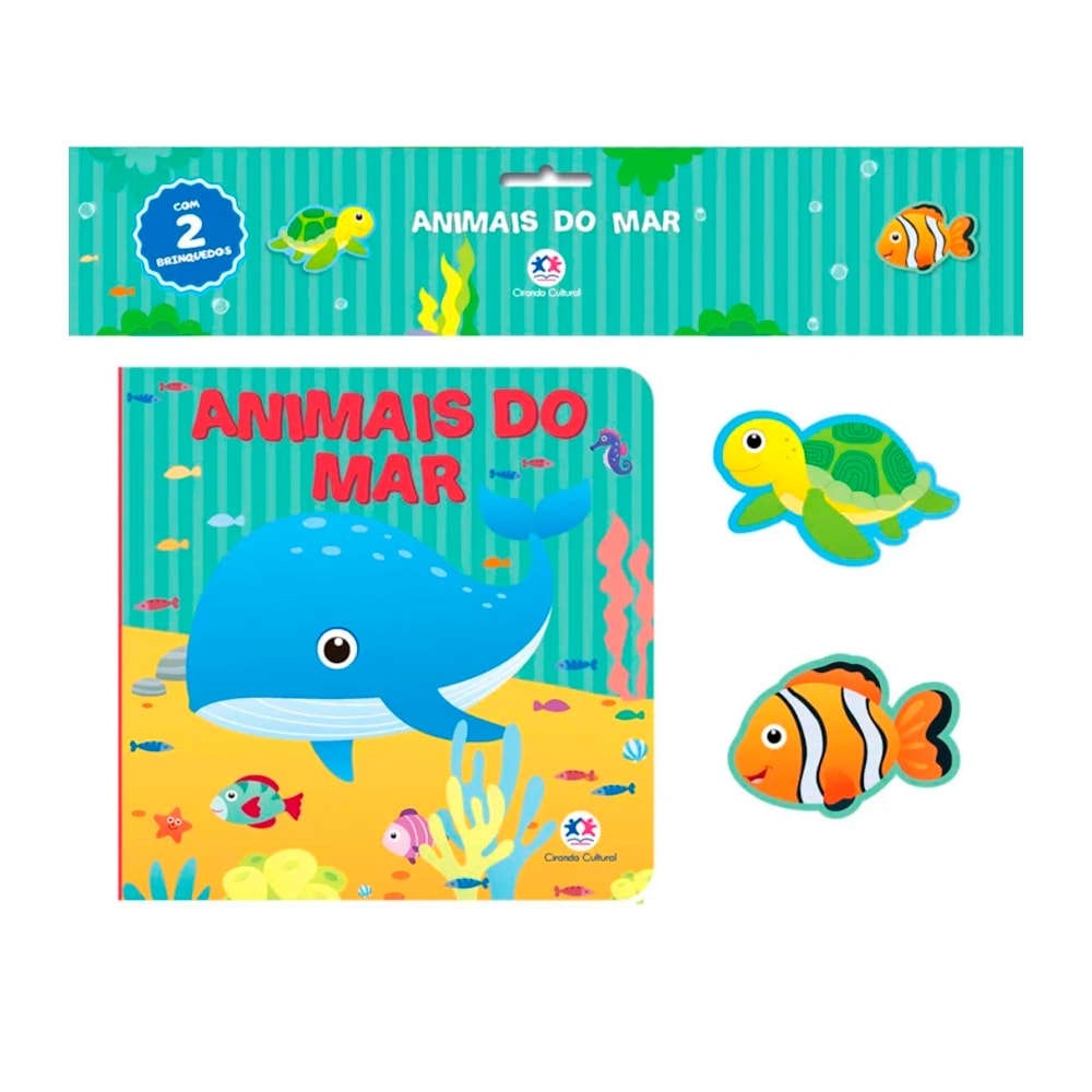Livro de Banho Animais do Mar, com 2 brinquedos, capa azul com baleia e peixes, e brinquedos de tartaruga e peixe-palhaço. — Plenitude