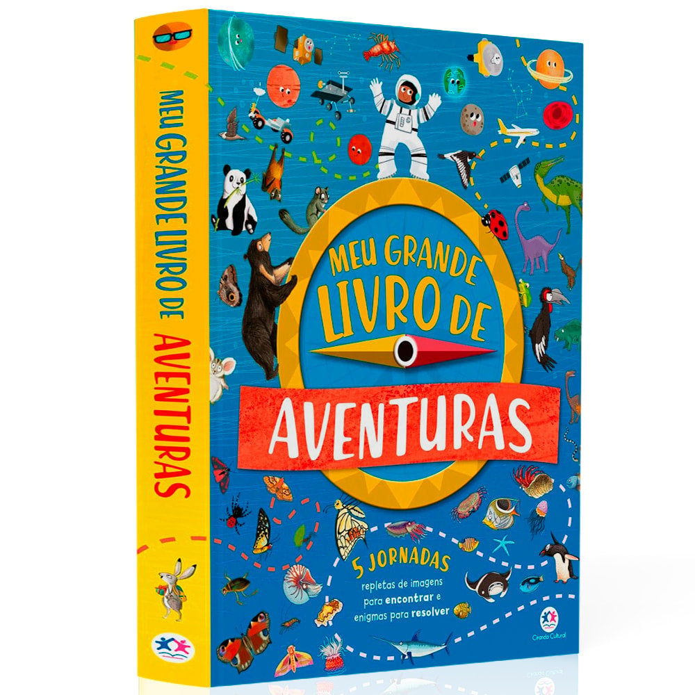 Livro "Meu Grande Livro de Aventuras", capa dura azul e amarela com diversas imagens para encontrar e resolver enigmas. — Plenitude