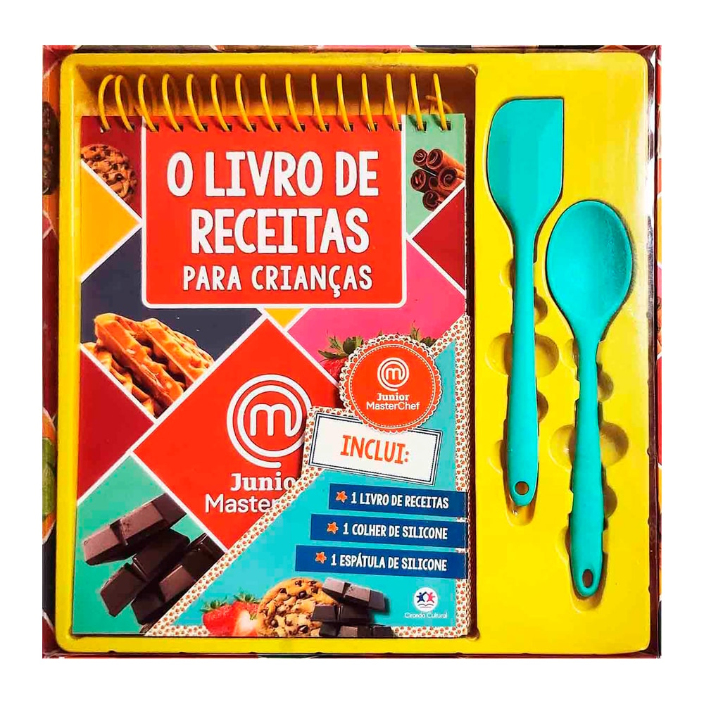 Livro de Receitas MasterChef Junior para Crianças com capa colorida, espátula e colher de silicone azul. — Plenitude