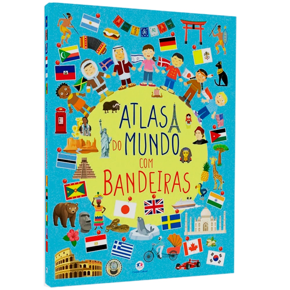 Livro "Atlas do Mundo com Bandeiras", capa dura azul com crianças e elementos culturais de diversos países. — Plenitude