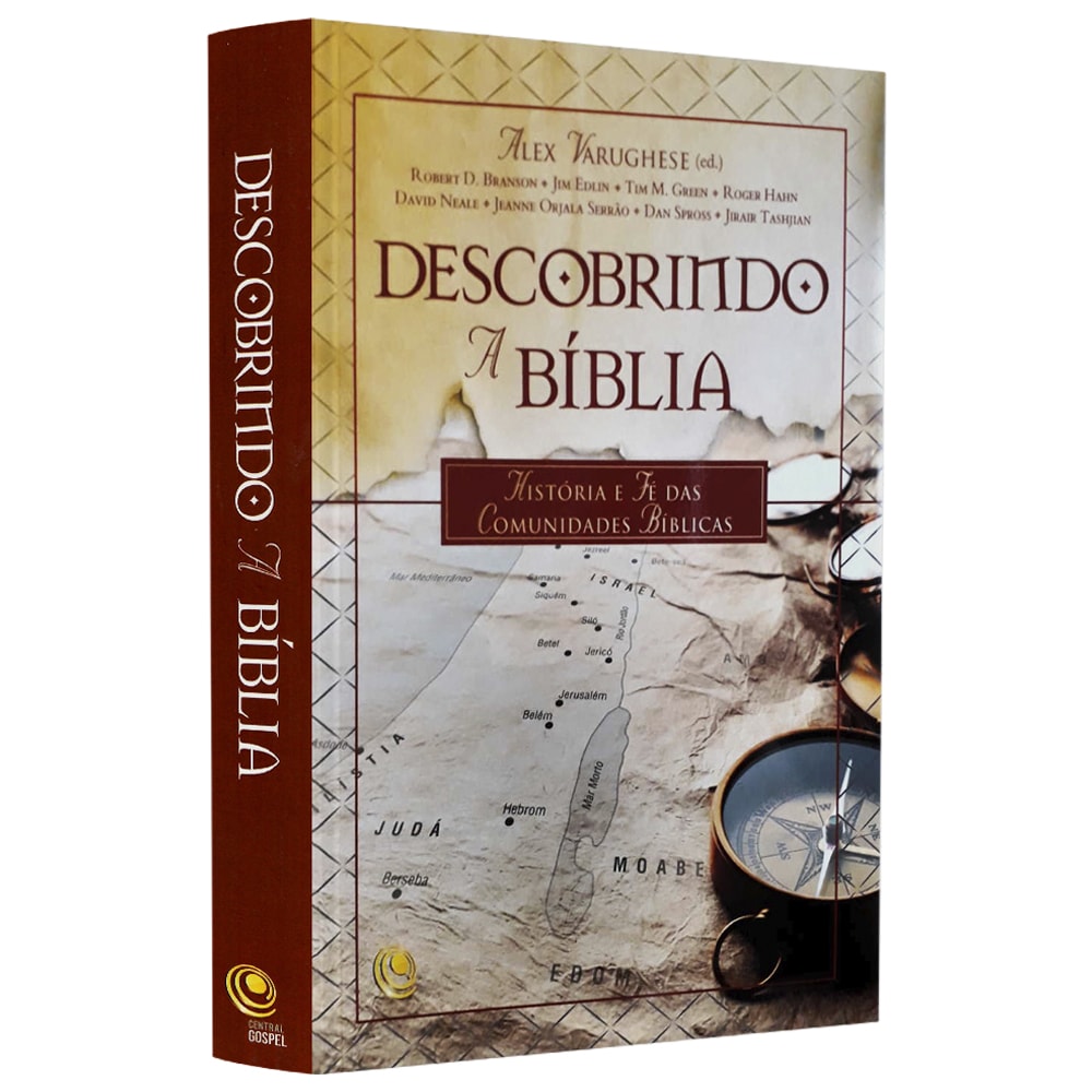 Livro Descobrindo a Bíblia, capa dura marrom com mapa antigo e bússola. — Plenitude