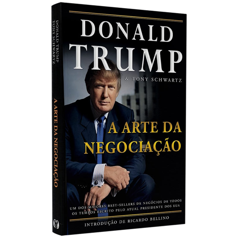 Livro Donald Trump A Arte da Negociação, capa preta com foto de Donald Trump. — Plenitude