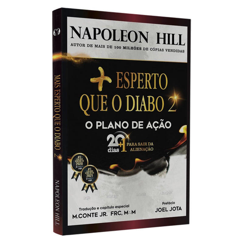 Livro Mais Esperto Que o Diabo 2 de Napoleon Hill, capa preta com detalhes dourados e fogo. — Plenitude