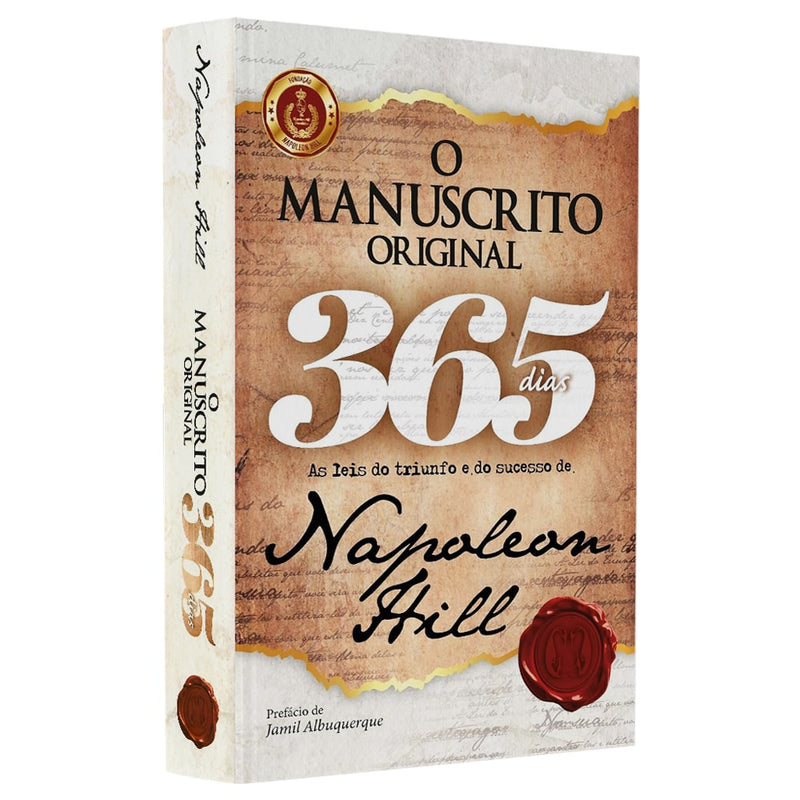 Livro O Manuscrito Original 365 Dias de Napoleon Hill, capa branca com detalhes em dourado. — Plenitude