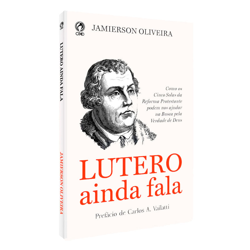 Livro "Lutero Ainda Fala" com capa branca e ilustração de Martinho Lutero. — Plenitude