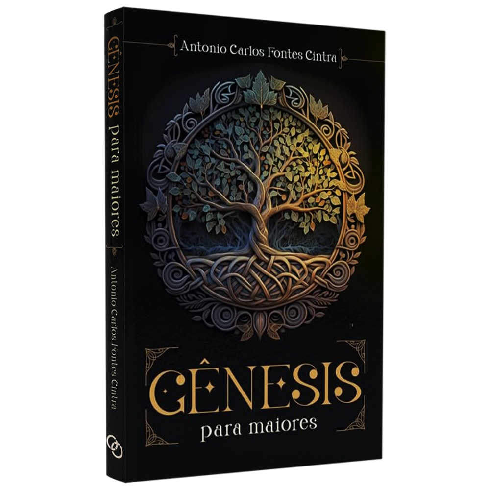 Livro "Gênesis Para Maiores" de Antonio Carlos Fontes Cintra, capa preta com árvore da vida dourada. — Plenitude