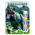 Livro de colorir Dinossauros com lápis arco-íris, capa com dinossauros. — Plenitude