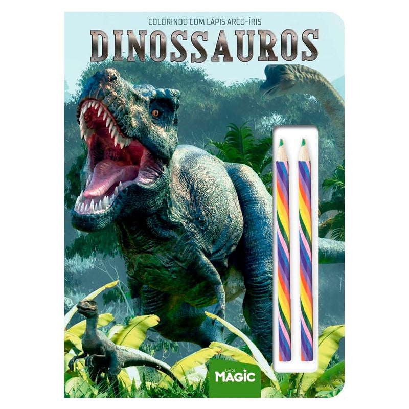 Livro de colorir Dinossauros com lápis arco-íris, capa com dinossauros. — Plenitude
