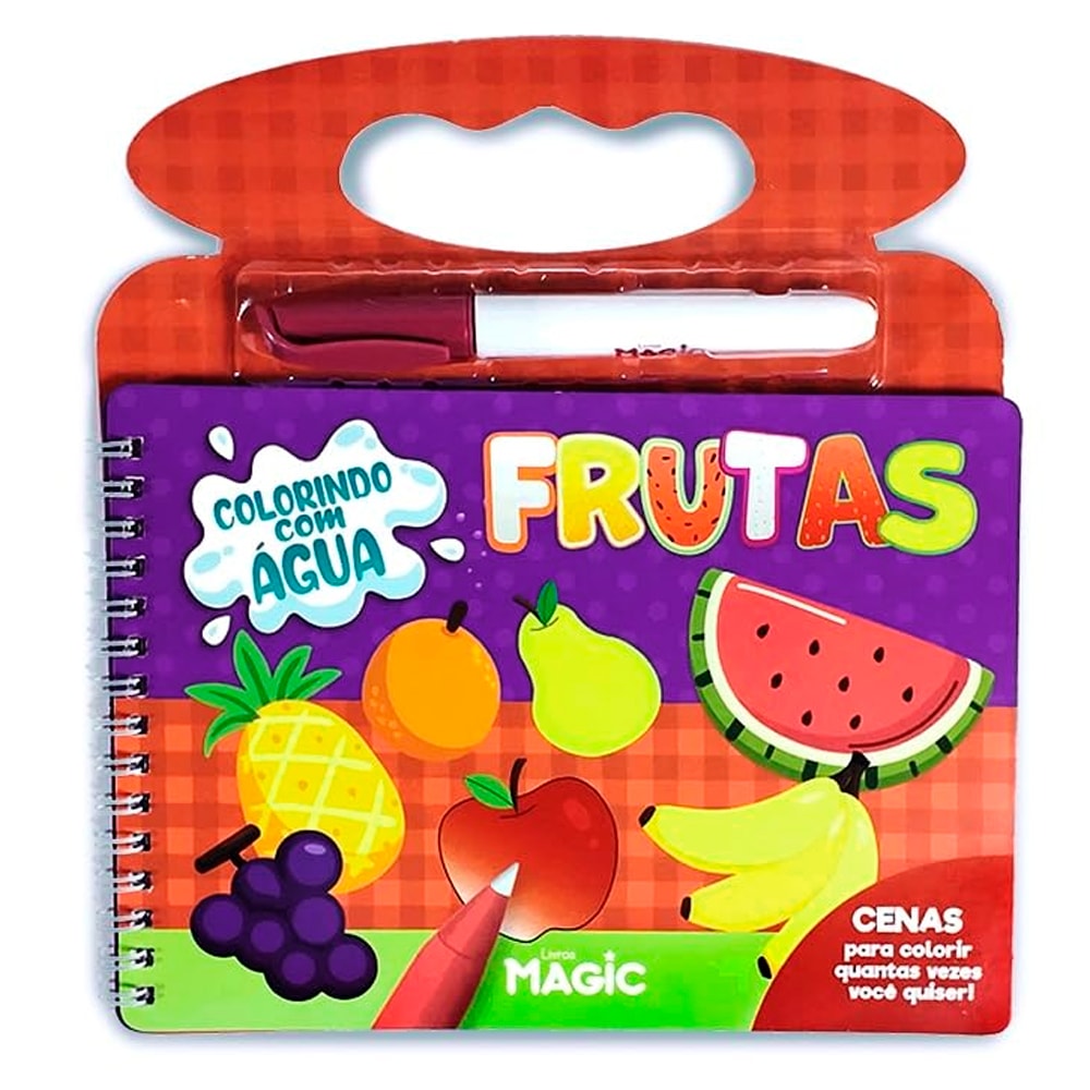 Aquabook Frutas da Livros Magic, livro de colorir com água, capa roxa com ilustrações de frutas e uma caneta. — Plenitude