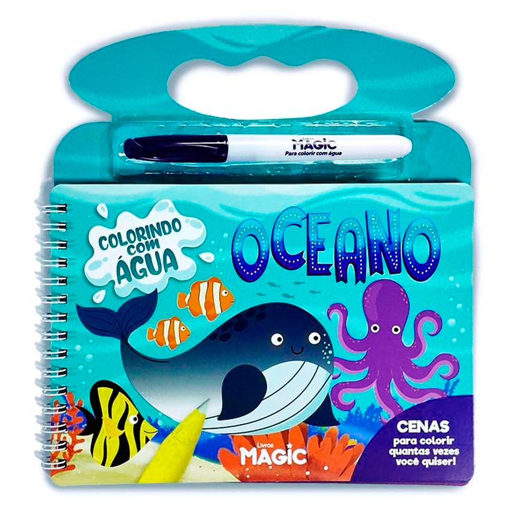 Aquabook Oceano da Livros Magic, livro de colorir com água, capa azul com ilustrações de animais marinhos e uma caneta. — Plenitude