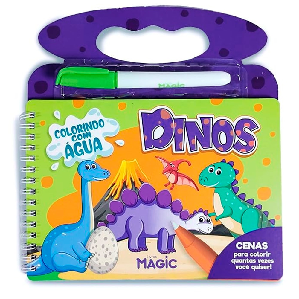 Aquabook Dinos da Livros Magic, livro de colorir com água, capa roxa com ilustrações de dinossauros e uma caneta. — Plenitude