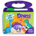 Aquabook Dinos da Livros Magic, livro de colorir com água, capa roxa com ilustrações de dinossauros e uma caneta. — Plenitude