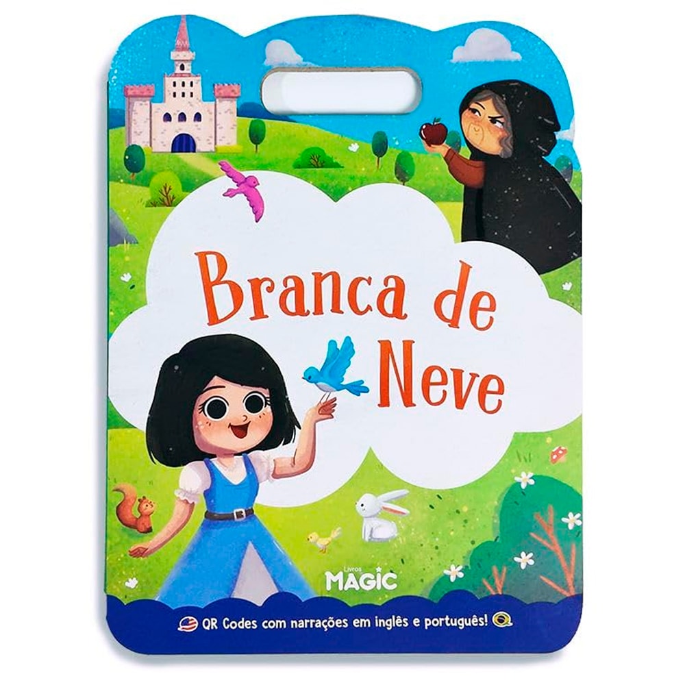 Livro infantil "Branca de Neve" com QR Codes, capa branca e ilustração da Branca de Neve. — Plenitude