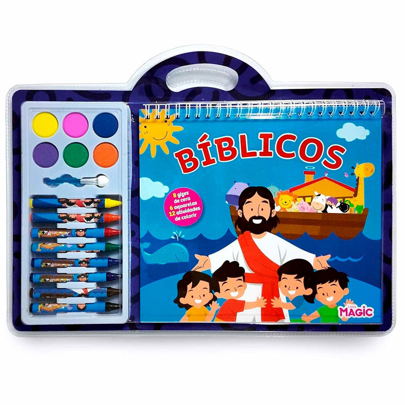 Kit Aquarela Com Giz Bíblicos da Livros Magic, estojo vermelho com livro de colorir, 8 gizes de cera e 6 aquarelas. — Plenitude