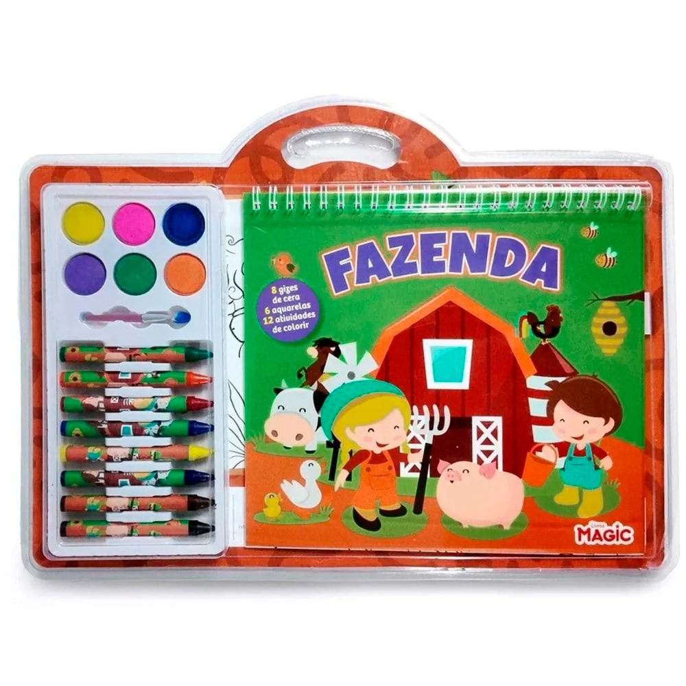 Kit Aquarela Com Giz Fazenda da Livros Magic, estojo vermelho com livro de colorir, 8 gizes de cera e 6 aquarelas. — Plenitude