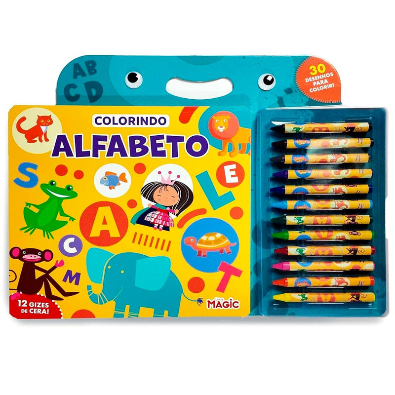 Kit Colorindo Alfabeto da Livros Magic, estojo azul com livro de colorir e 12 gizes de cera. — Plenitude