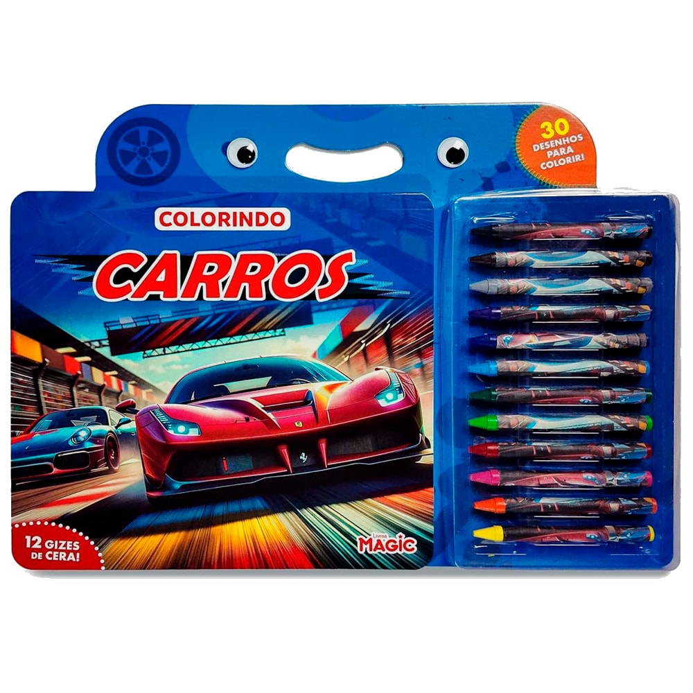 Kit Colorindo Carros, com 12 gizes de cera, embalagem azul com ilustração de carros de corrida. — Plenitude