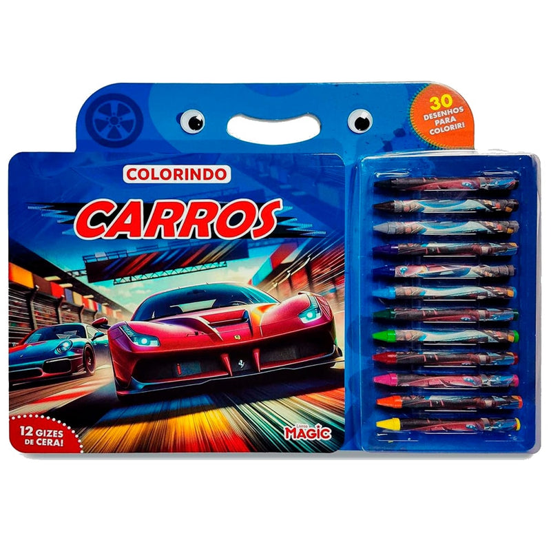 Kit Colorindo Carros, com 12 gizes de cera, embalagem azul com ilustração de carros de corrida. — Plenitude