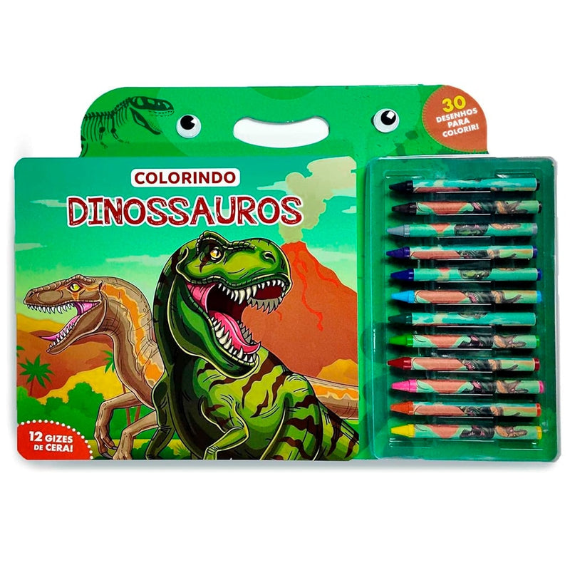 Kit Colorindo Dinossauros da Livros Magic, estojo verde com livro de colorir e 12 gizes de cera. — Plenitude