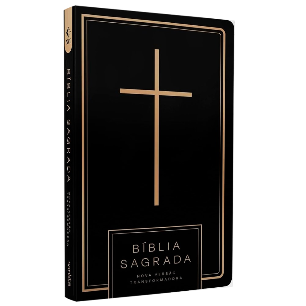 Bíblia Sagrada NVT, capa dura preta com cruz dourada e detalhes em dourado, letra normal. — Plenitude