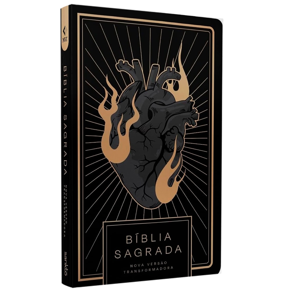 Bíblia Sagrada NVT Coração All Black, capa dura preta com coração em chamas douradas e raios. — Plenitude