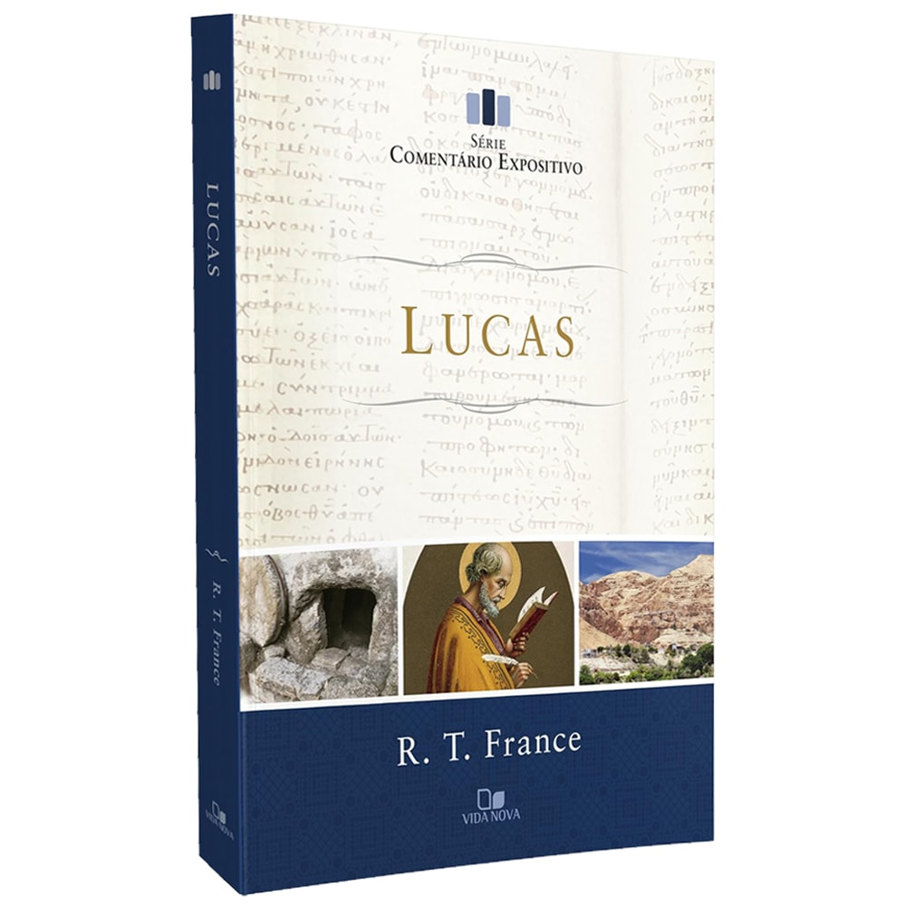 Livro Comentário Expositivo Lucas por R. T. France, capa azul e branca com imagens bíblicas. — Plenitude