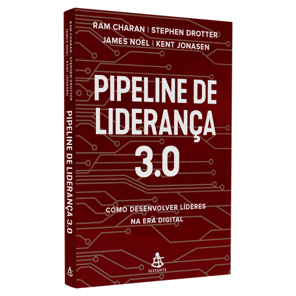 Livro Pipeline de Liderança 3.0, capa marrom com circuitos eletrônicos e título em branco. — Plenitude
